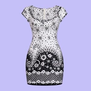 Early 2000s Whimsy Floral Black and White Satin Empire Waist Babydoll Dress